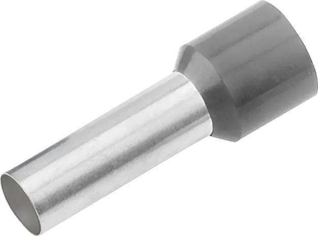 Een zilveren krimpaansluiting met grijze kunststof isolatie, gebruikt voor betrouwbare verbinding van draadgeleiders in elektrische toepassingen.
