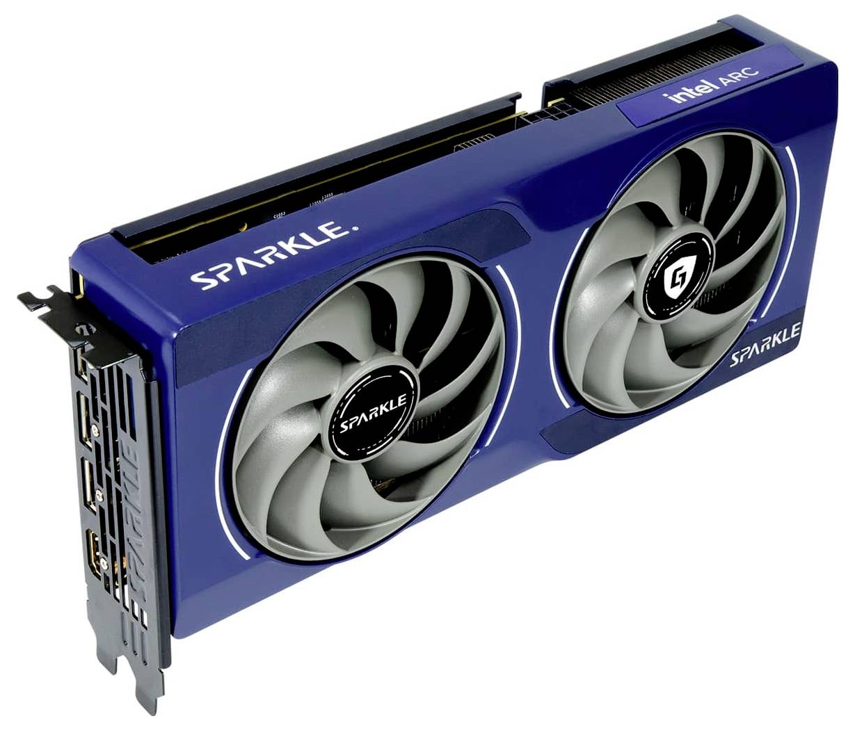 Een blauwe grafische kaart met twee grote ventilatoren en de tekst 'SPARKLE Intel Arc' aan de zijkant.