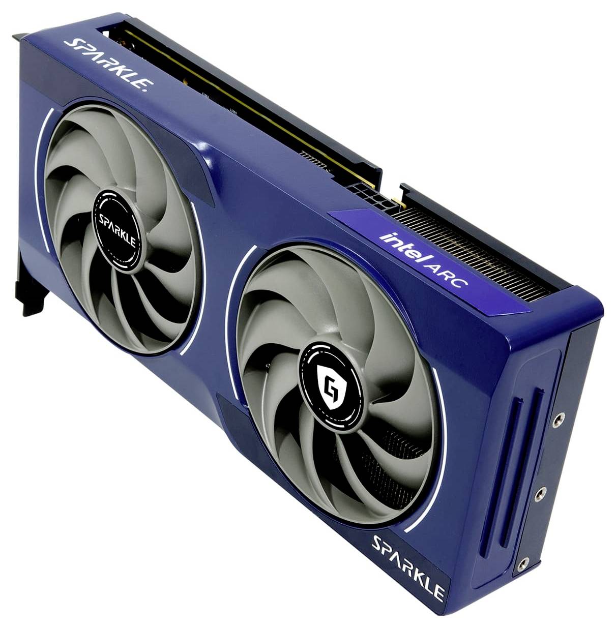 Een blauwe videokaart met twee ventilatoren en de opschriften 'Sparkle' en 'Intel Arc'.