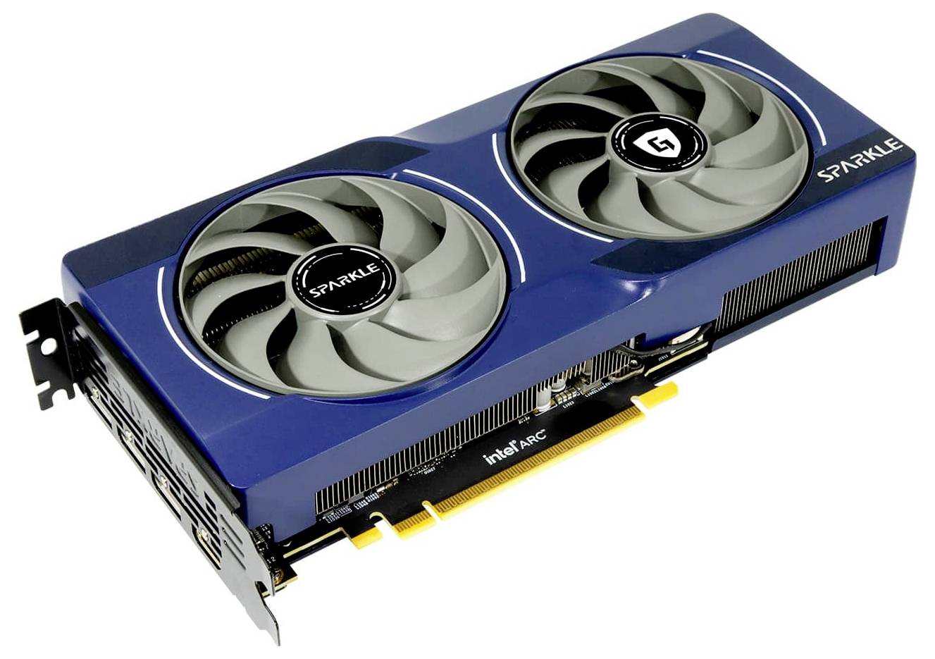 Videokaart met een blauwe behuizing en twee ventilatoren, gemarkeerd met 'SPARKLE'. PCIe-interface zichtbaar. Geschikt voor computerupgrade.