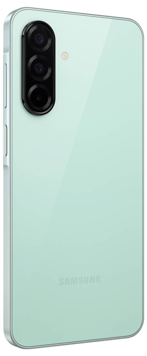 Een smartphone in mintgroene kleur met drie camera-lenzen aan de achterkant, gemarkeerd met een logo van een bekende elektronicamerk.