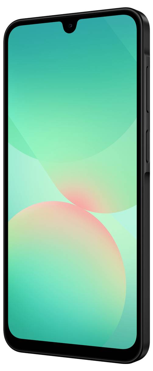 Een zwarte smartphone met een groot display en een minimalistische voorkant, waarop een blauw-groen abstract achtergrondbeeld wordt weergegeven.