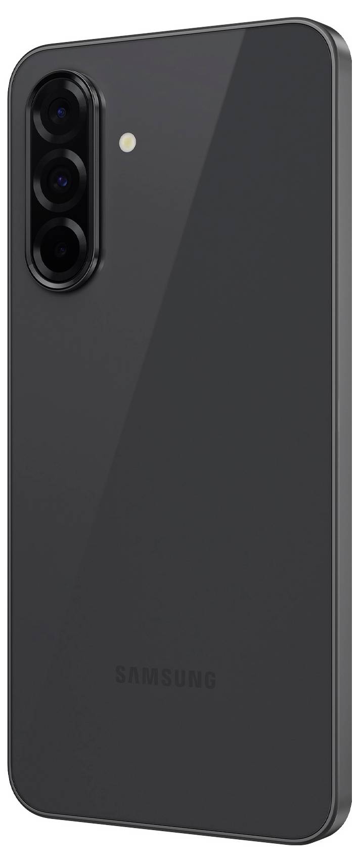 Een zwarte smartphone met drie cameraleazen en een flitser, gezien van de achterkant.