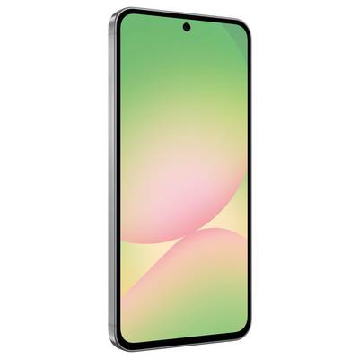Een smartphone met een groen-roze scherm, zwarte rand en frontcamera bovenin het midden.