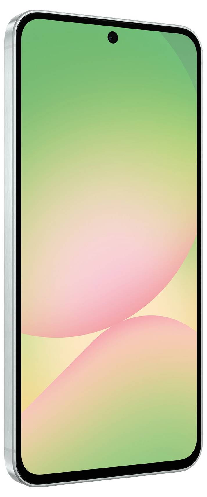 Smartphone met een groen en roze kleurverloop-scherm, camera bovenaan in het midden, rechterzijkant zichtbaar in profiel.