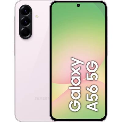 Galaxy A56 5G-smartphone met roze achterkant en drie camera's. Voorkant toont een pasteltintig display.