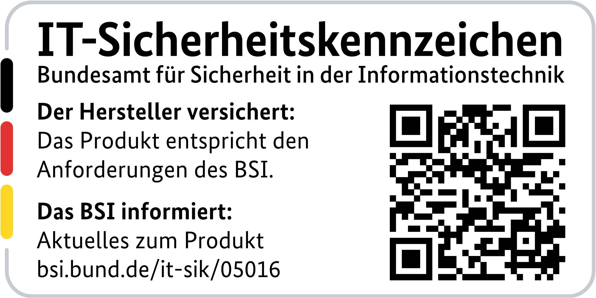 'IT-Veiligheidslabel' van het Federaal Bureau voor Informatietechnologiebeveiliging; QR-code leidt naar bsi.bund.de/it-sik/05016.