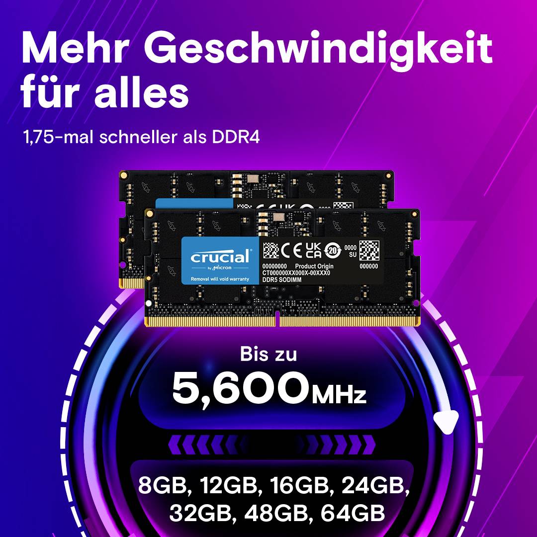 Geheugenkaart, 5600 MHz, '1,75 keer sneller dan DDR4'. Beschikbaar in 8GB, 12GB, 16GB, 24GB, 32GB, 48GB, 64GB formaten.