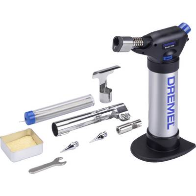 Een Dremel soldeerset met toebehoren, inclusief verschillende opzetstukken en een soldeerstation, geschikt voor doe-het-zelfprojecten.