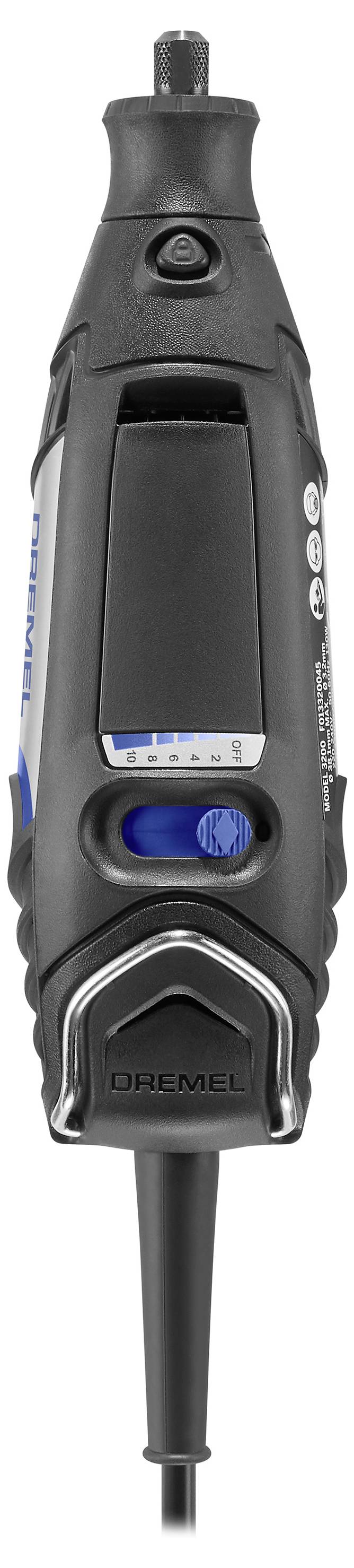 Een Dremel multifunctioneel gereedschap met toerentalregelaar en ergonomische greep, ideaal voor snijden, slijpen en graveren.