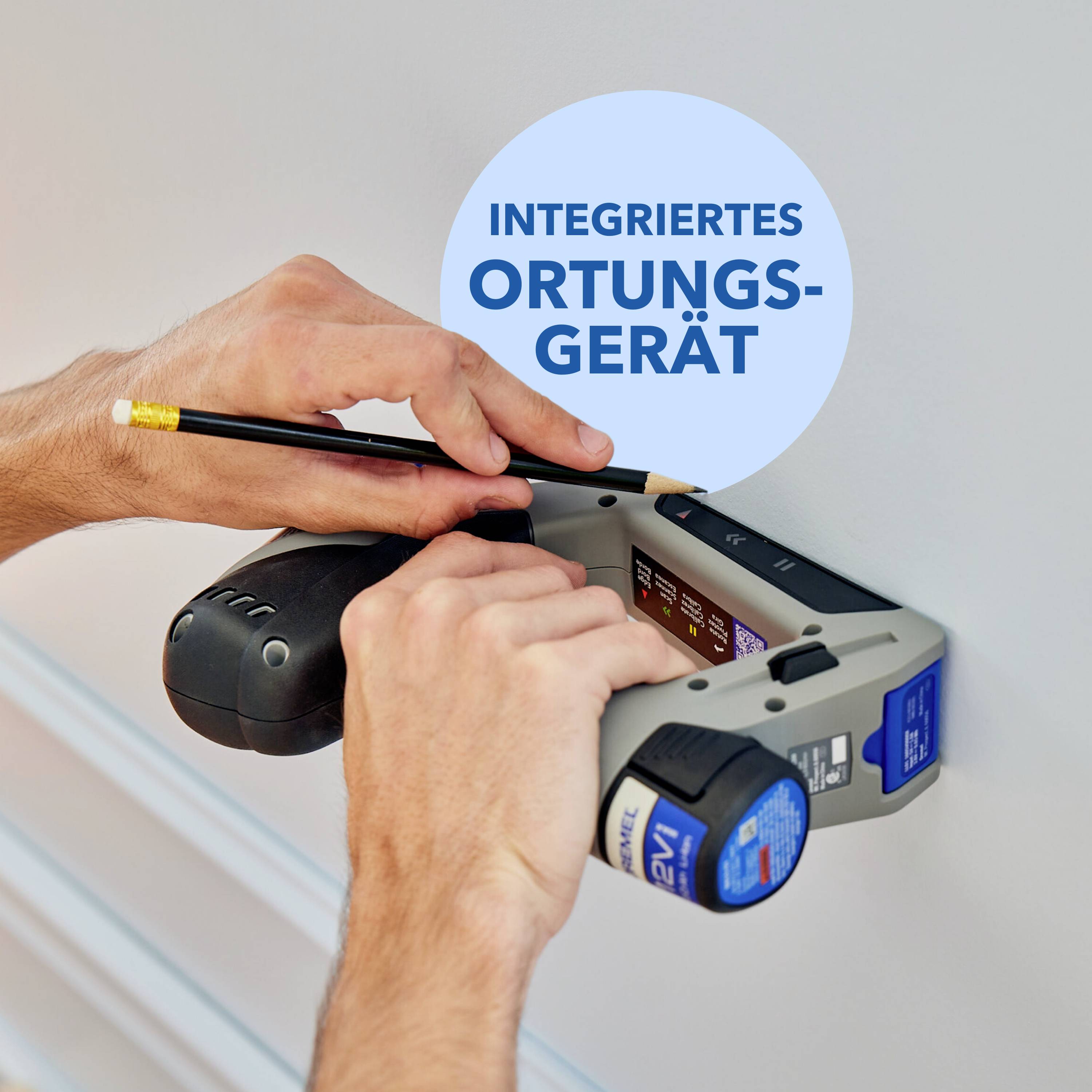 Twee handen houden een toestel voor muurlocatie vast, markeren met een pen. Tekst 'Geïntegreerd locatieapparaat' benadrukt de functie.