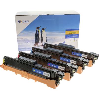 Vier printercartridges in verschillende kleuren (zwart, cyaan, magenta, geel) liggen voor een verpakking met pinguïnmotief.