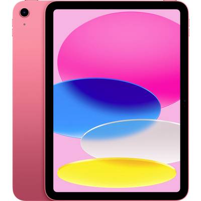 Een rode tablet met een display dat abstracte vormen in roze, blauw, wit en geel toont. De achterkant is ook rood.