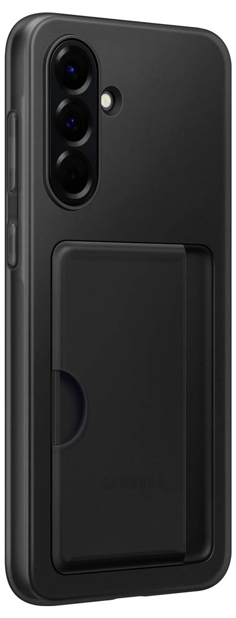 Zwart smartphone in een hoesje met geïntegreerde kaartenhouder aan de achterkant. Achtercamera met drie lenzen zichtbaar.
