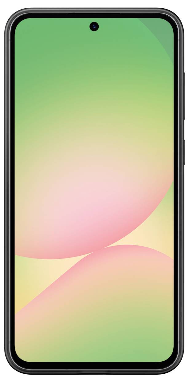 Een smartphone met een scherm dat levendige groen- en rozetinten vertoont. Het apparaat heeft een centraal gat voor de frontcamera.