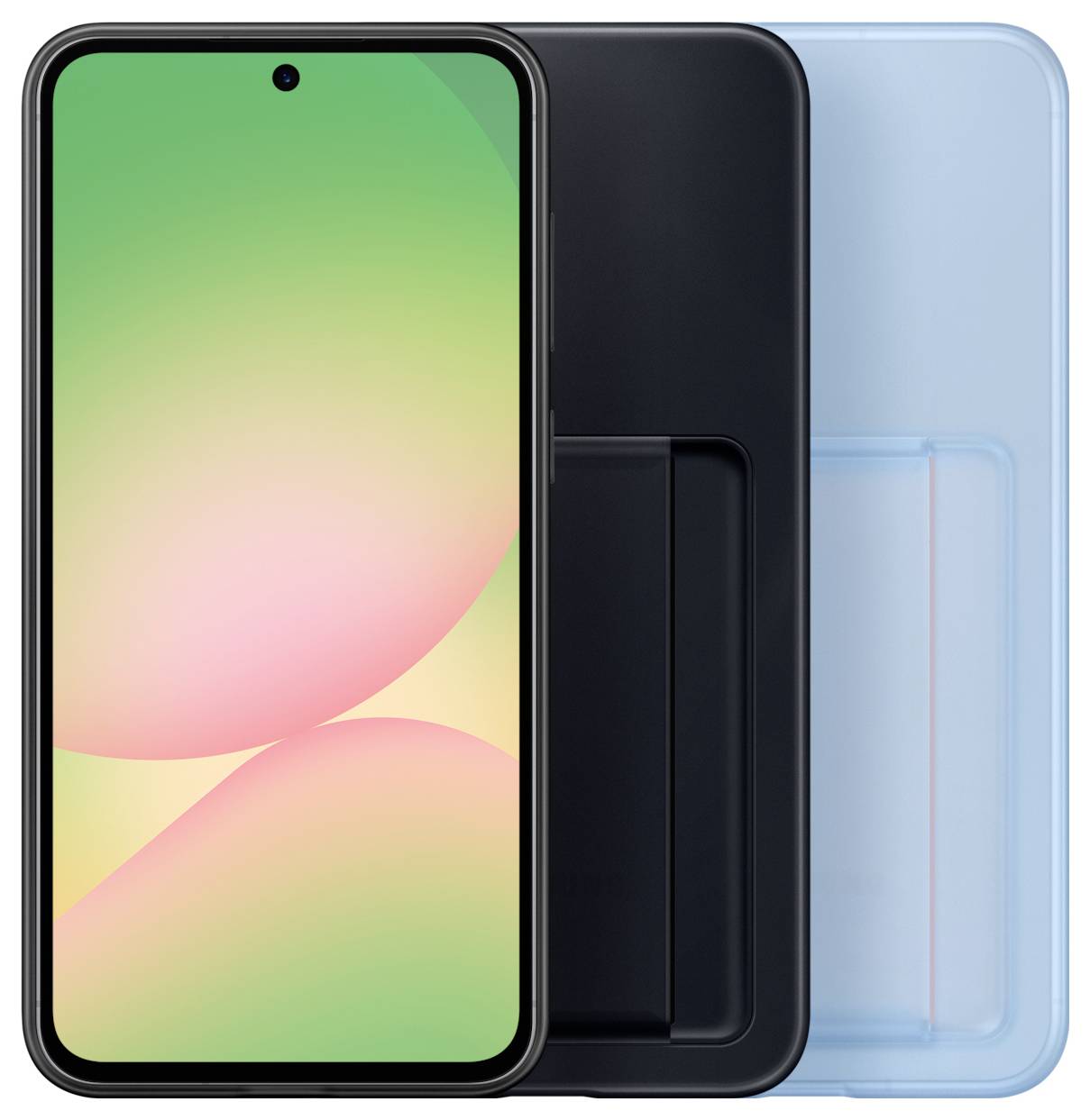 Een smartphone met een gekleurd display op de voorgrond en twee beschermhoesjes in verschillende kleuren, zwart en blauw, op de achtergrond.