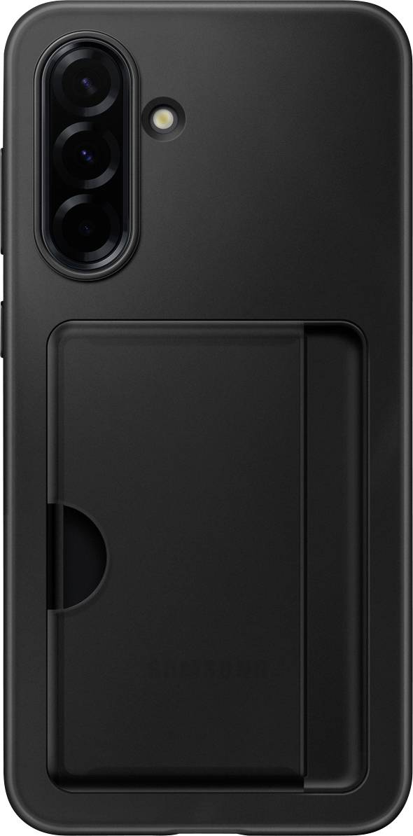 Zwart smartphone in een hoesje met een geïntegreerde, uitschuifbare standaard. De achterkant toont drie cameraletrzen en een flitser.