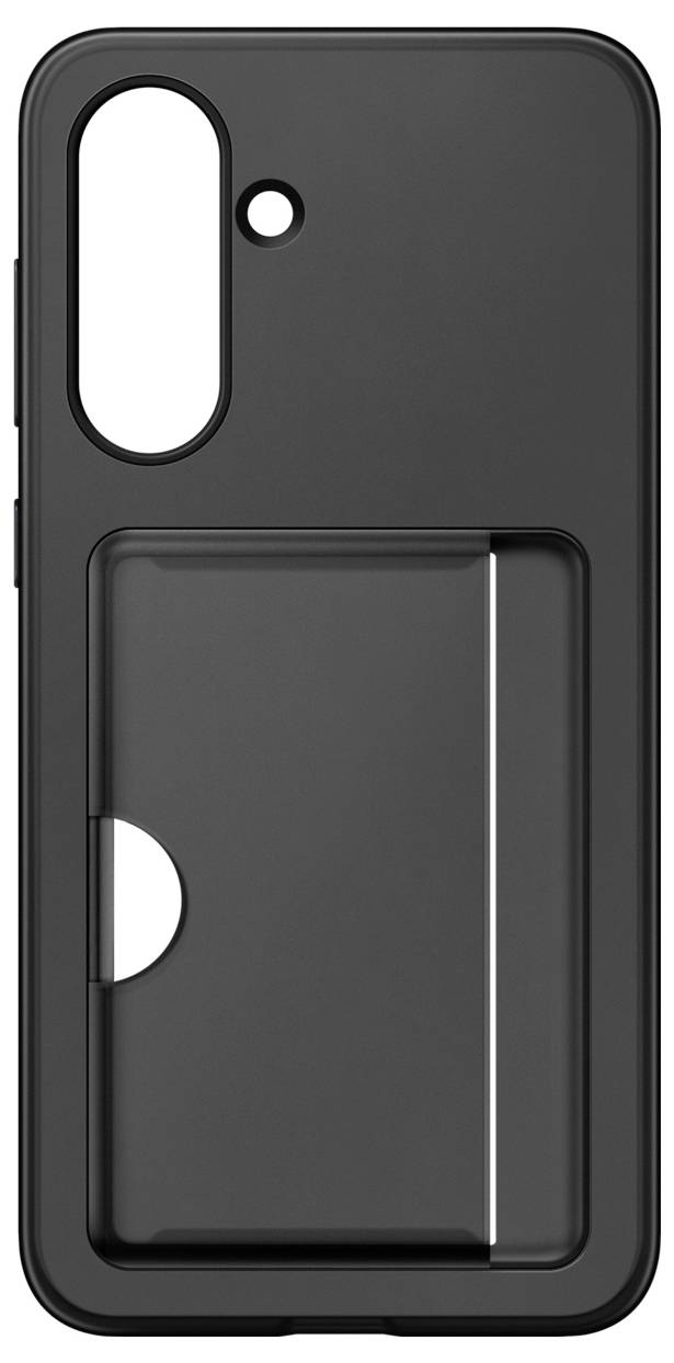 Zwarte telefoonhoes met een kaartvak aan de achterkant, geschikt voor een smartphone met twee cameragaten en een flitser.