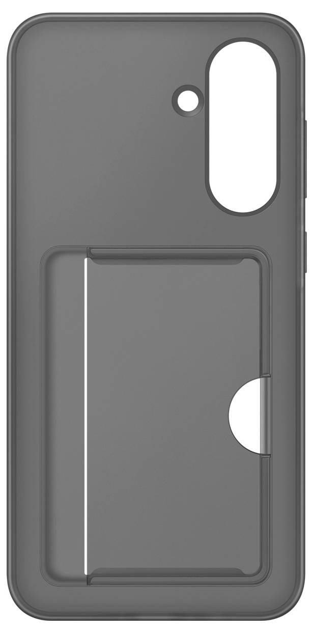 Grijs smartphone-hoesje met geïntegreerd kaartvak aan de achterzijde en uitsparingen voor camera en sensoren.
