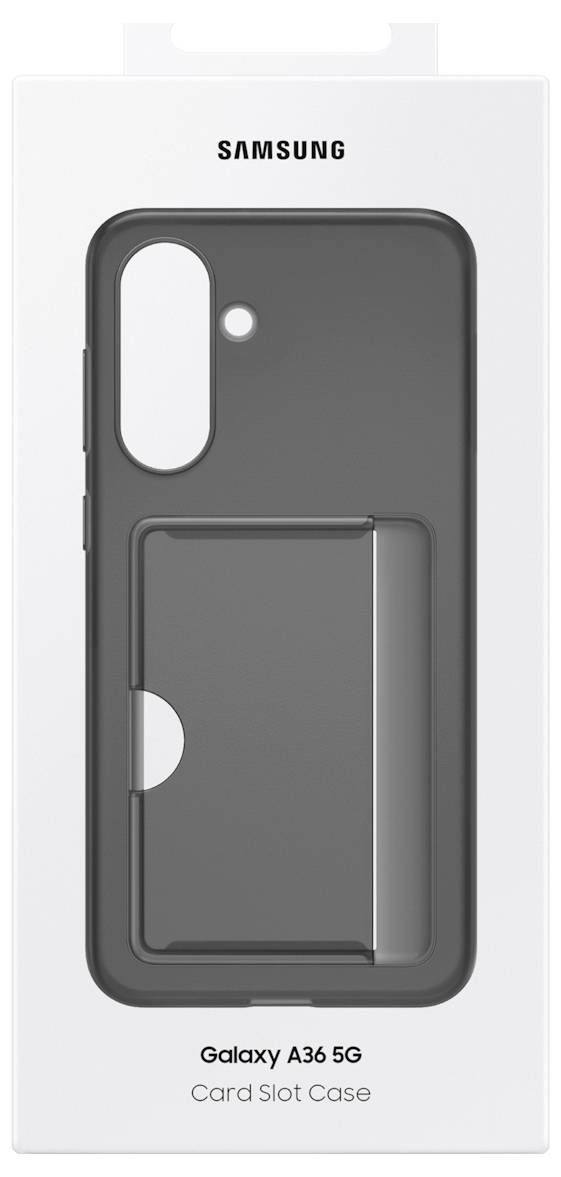 Verpakking van een 'Samsung Galaxy A36 5G' kaarthouder. Toont een zwarte hoes met kaartsleuf.