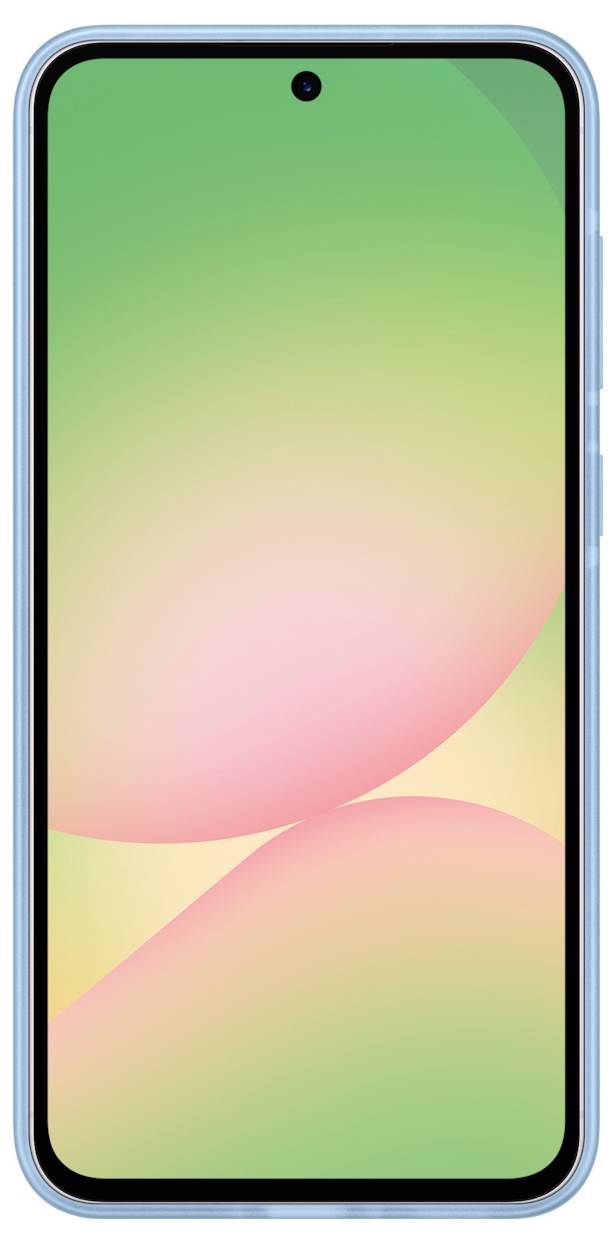 Een smartphone met een blauwe rand. Op het scherm is een kleurrijk, abstract achtergrondontwerp in groen en roze te zien.