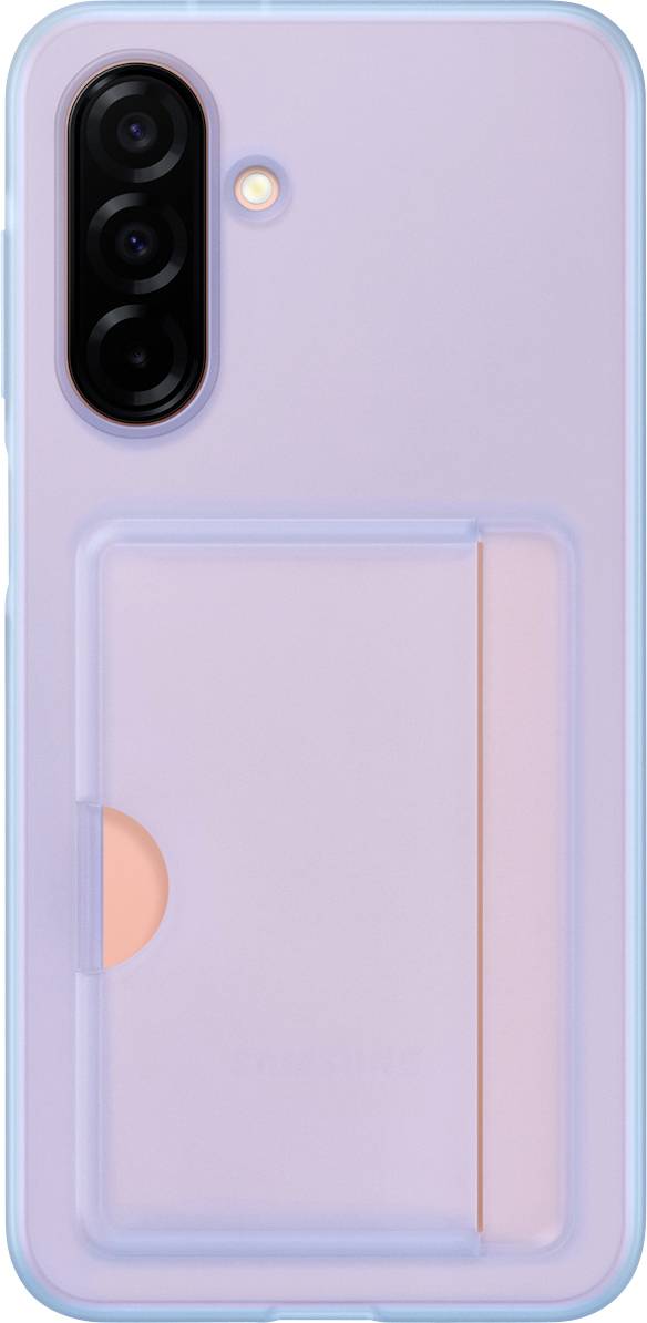 Smartphonehoes in pastelkleuren met kaartvak, achteraanzicht. Hij heeft een camera-opening en ruimte voor een kaart.