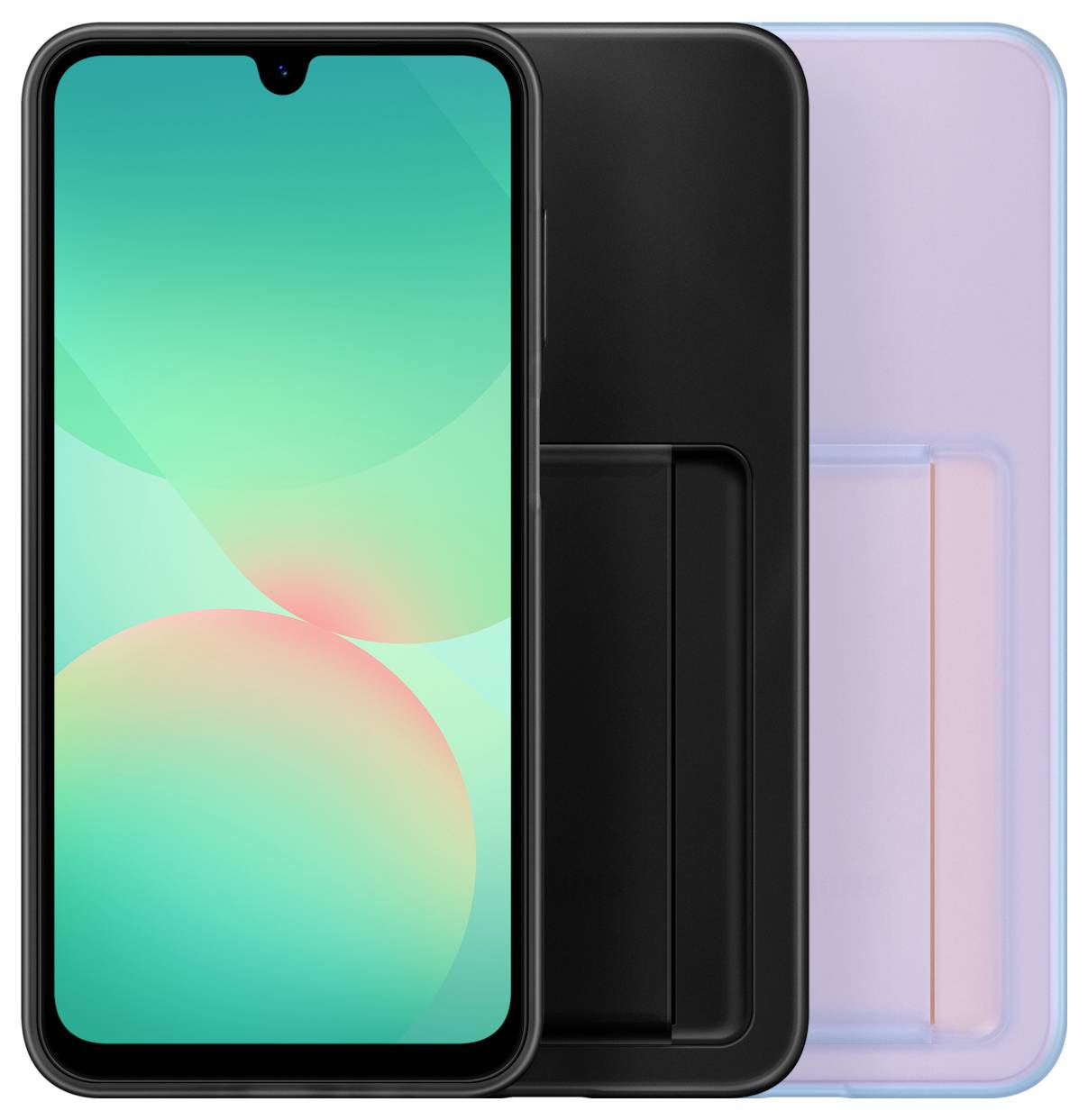 Een smartphone met een zwarte behuizing en een kleurenscherm, staand voor een lege, roze-achtergrond hoes.