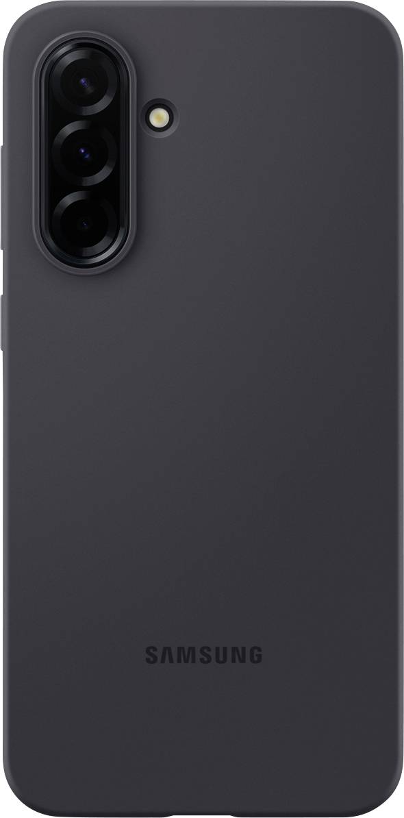 Een zwarte Samsung-smartphone van achteren, met drie cameralenzen en een flitser.