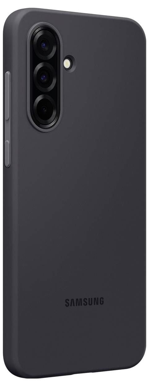 Smartphone met zwarte behuizing, drie camera's aan de achterkant en Samsung-logo onderaan zichtbaar.