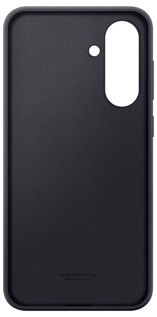 Zwarte smartphone-beschermhoes met uitsparing voor camera en flits, strak design.