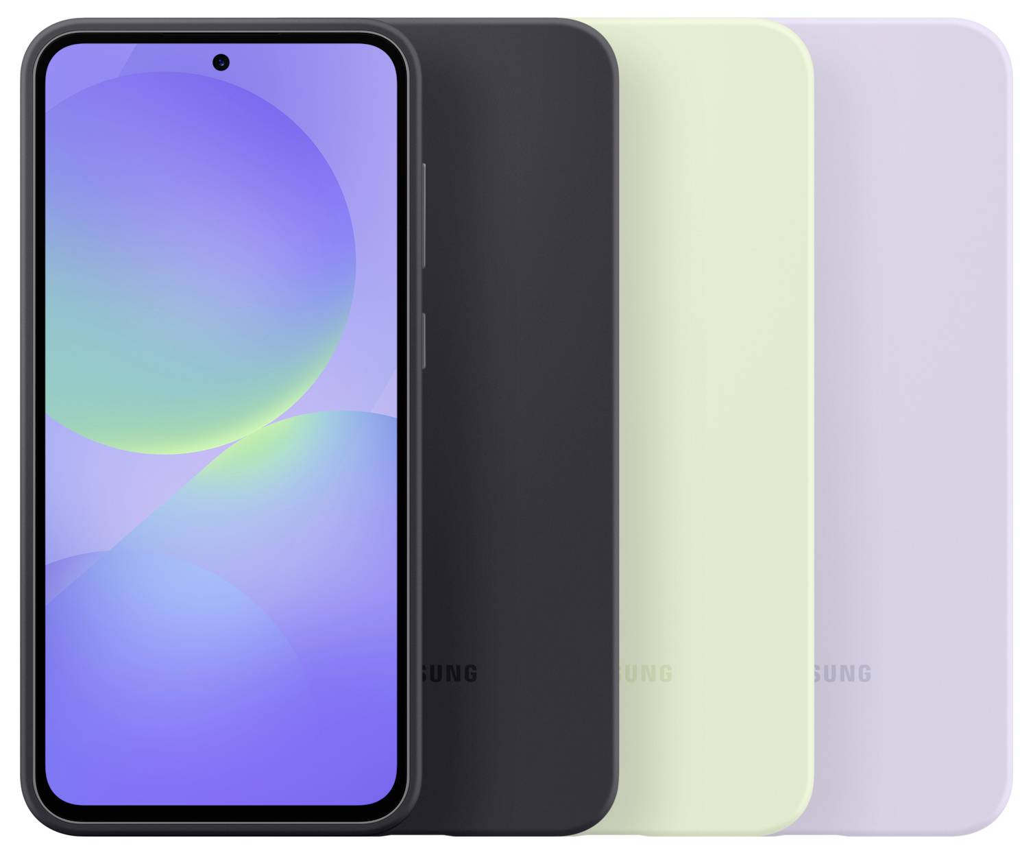 Vier smartphone-modellen van Samsung, naast elkaar geplaatst in de kleuren zwart, lichtgroen en lichtpaars.