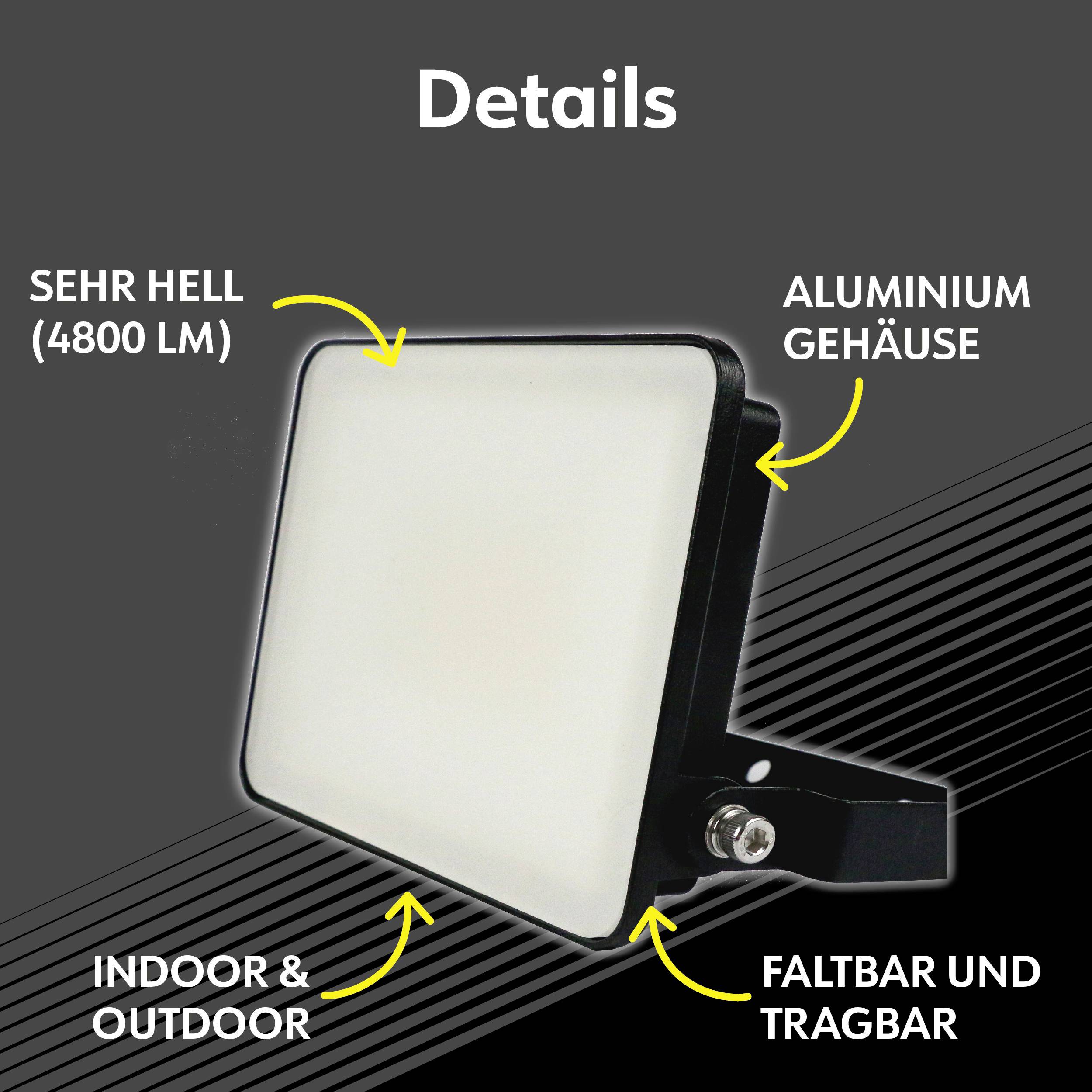 Een zwarte LED-schijnwerper met opschriften: 'Zeer helder (4800 Lm)', 'Aluminium behuizing', 'Indoor & Outdoor', 'Opvouwbaar en draagbaar'.