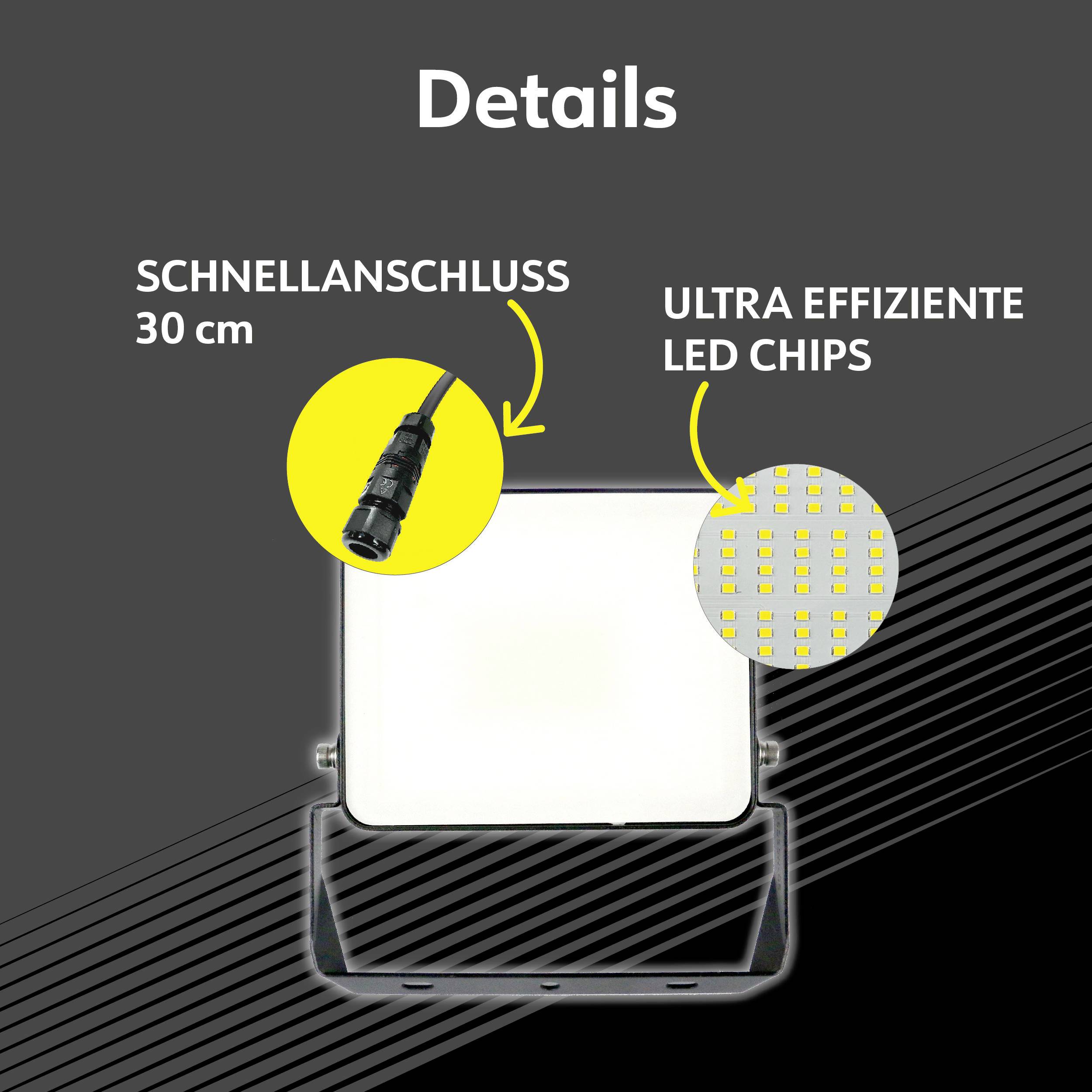 'Details' toont koplampen met de labels 'Snelle aansluiting 30 cm' en 'Ultra efficiënte LED-chips', waarbij de kenmerken worden benadrukt.