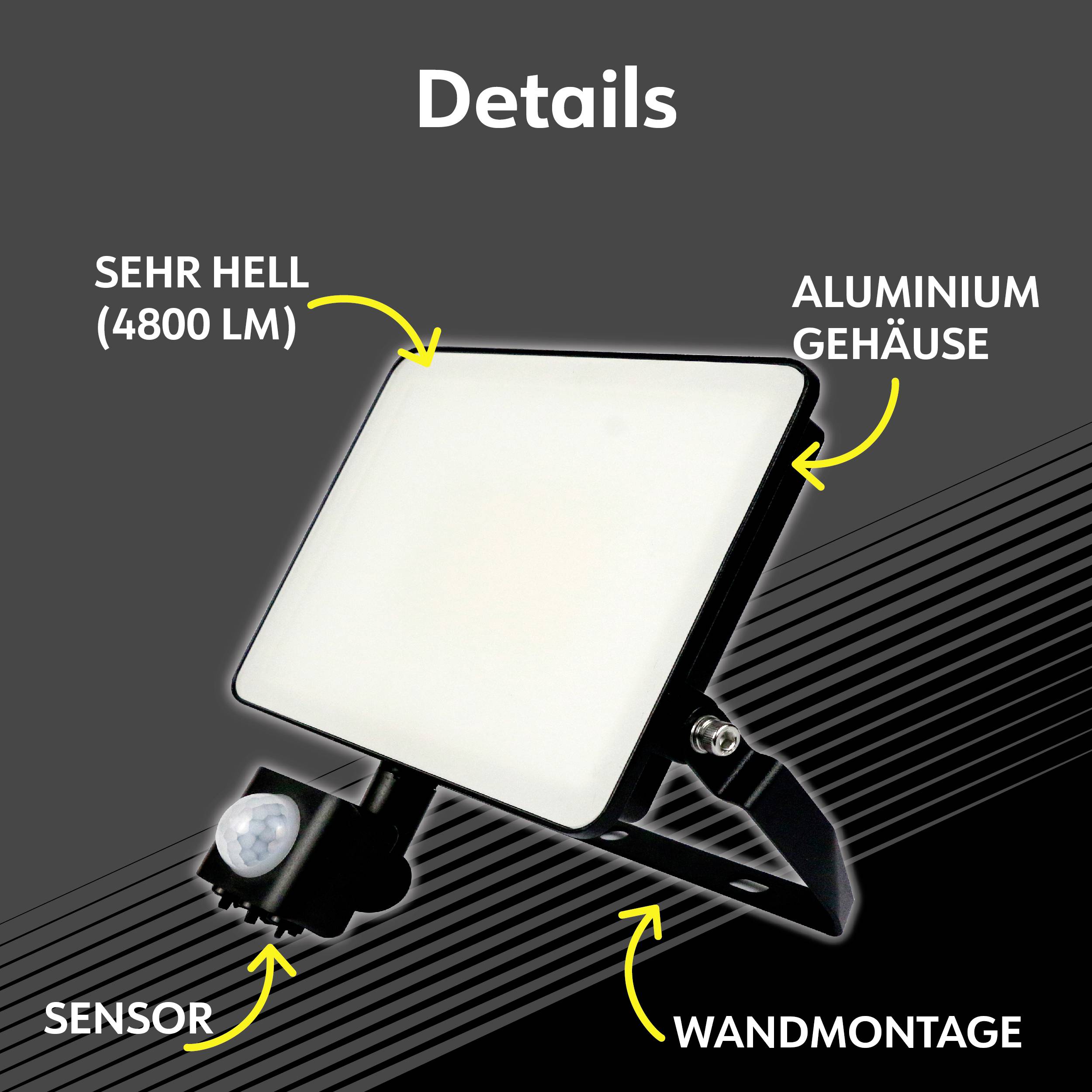 'Details': Een rechthoekige LED-schijnwerper, zeer helder (4800 lm), met aluminium behuizing en sensor. Geschikt voor wandmontage.