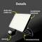 'Details': Een rechthoekige LED-schijnwerper, zeer helder (4800 lm), met aluminium behuizing en sensor. Geschikt voor wandmontage.