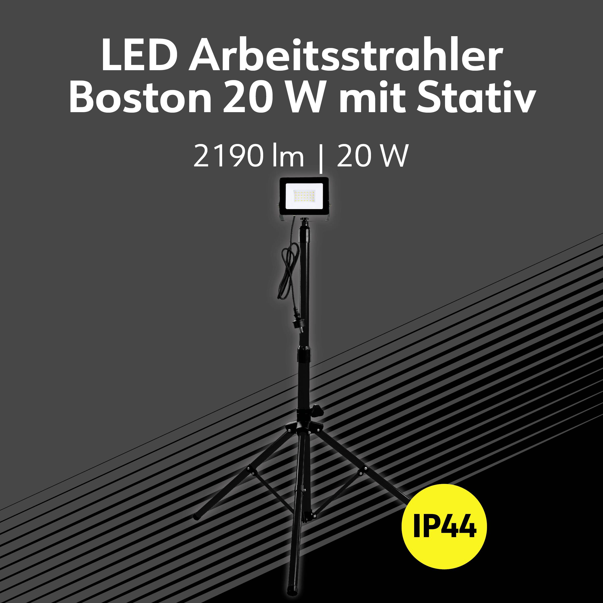 'LED-werklamp Boston 20 W met statief, 2190 lm, 20 W, IP44, zwarte achtergrond.'