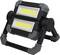 Dubbele LED-werklamp met zwart behuizing en grijze accenten, op opvouwbare standaard, ideaal voor bouwwerkzaamheden of werkplaatsen.