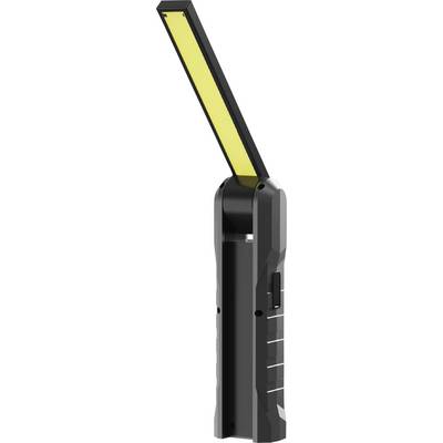 Draagbare LED-werkverlichting met zwarte behuizing en gele lichtstreep, geschikt voor reparatie- of buitenwerkzaamheden.