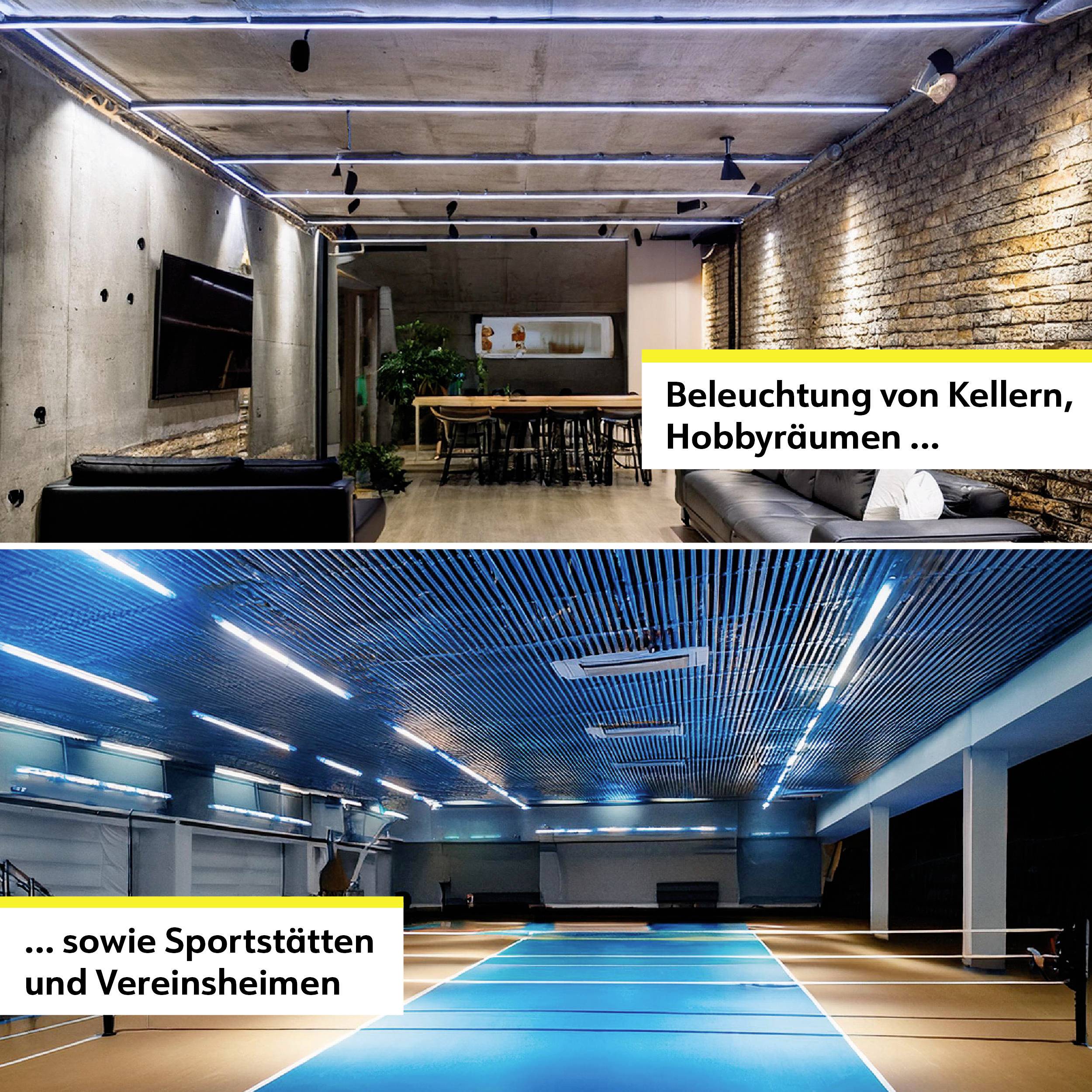 In een moderne, goed verlichte kelderruimte staat een tafel met verschillende stoelen; ernaast een goed verlichte sporthal.