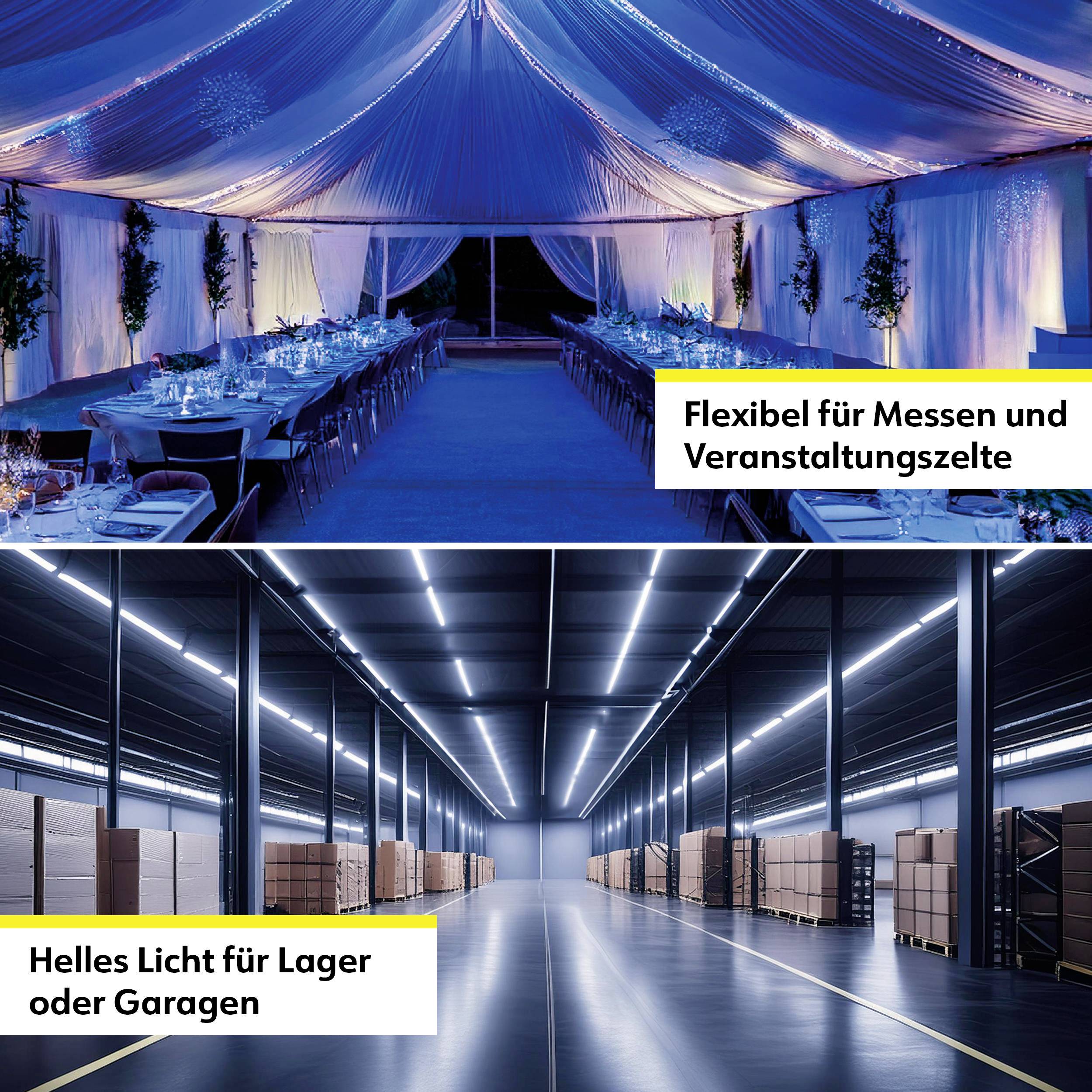 Boven: Elegant evenementenpaviljoen met gedekte tafels. Onder: Grote opslagloods met rekken, helder verlicht.