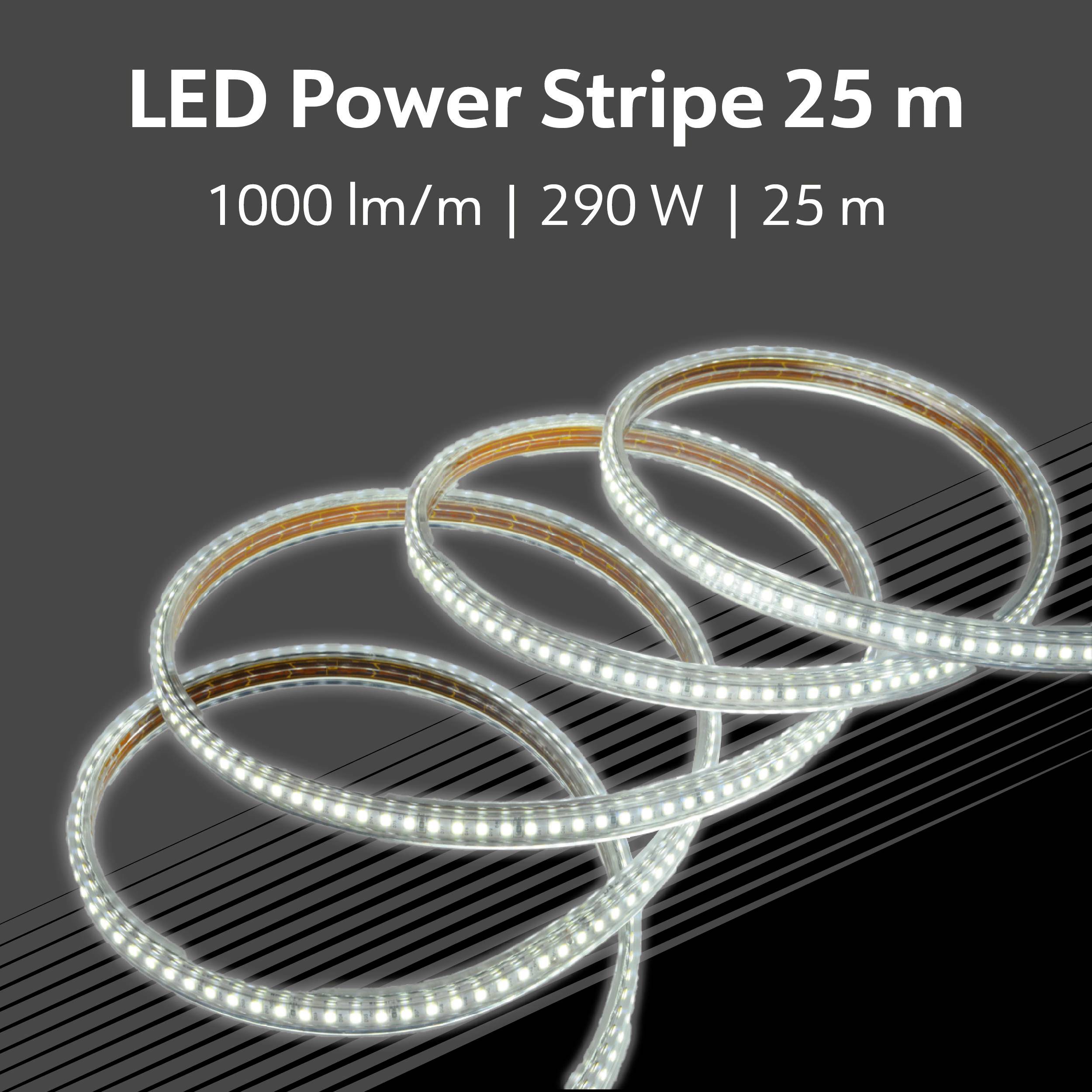LED-lichtbalk, 25 meter lang, met een helderheid van 1000 lumen per meter en een vermogen van 290 watt.