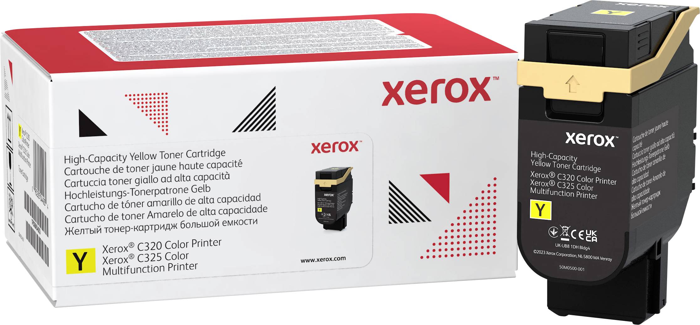 Gele tonercartridge voor Xerox C320 kleurenprinter, naast de verpakking weergegeven. Gebruikt voor afdruktoepassingen.