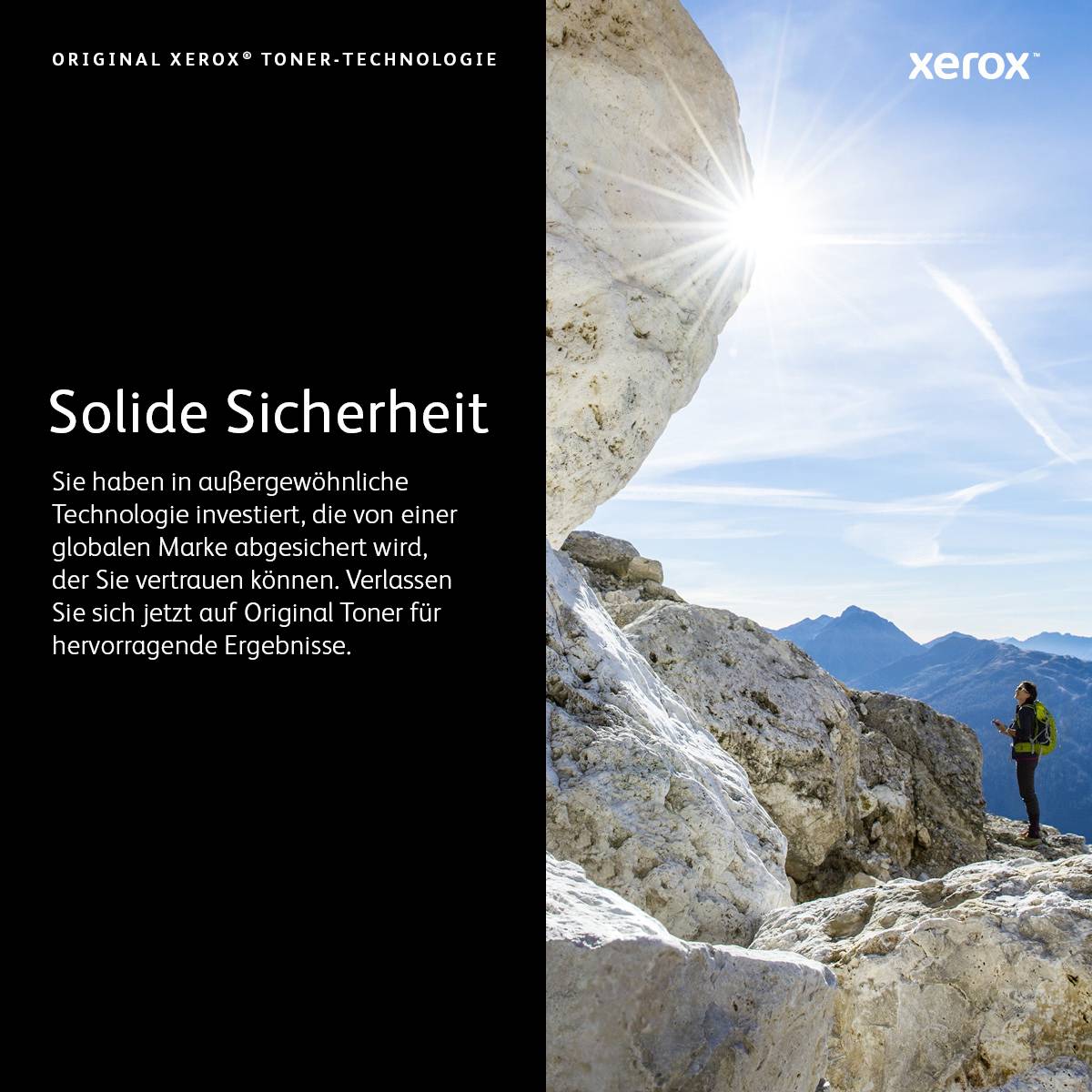 Een persoon loopt op een rotsachtig bergpad onder stralende zonneschijn. Tekst: 'Solide veiligheid - Originele Xerox toner-technologie'.