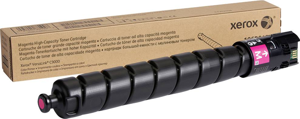 Een zwarte tonercartridge voor Xerox-printers voor een kartonnen verpakking. Op de kartonnen verpakking staat 'Xerox VersaLink C9000'.