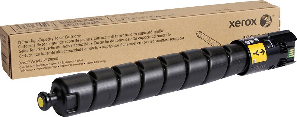 Zwarte tonercartridge voor een bruine kartonnen doos met 'xerox'-opdruk. Bedrukt voor Xerox VersaLink C7000, hoge capaciteit, geel.