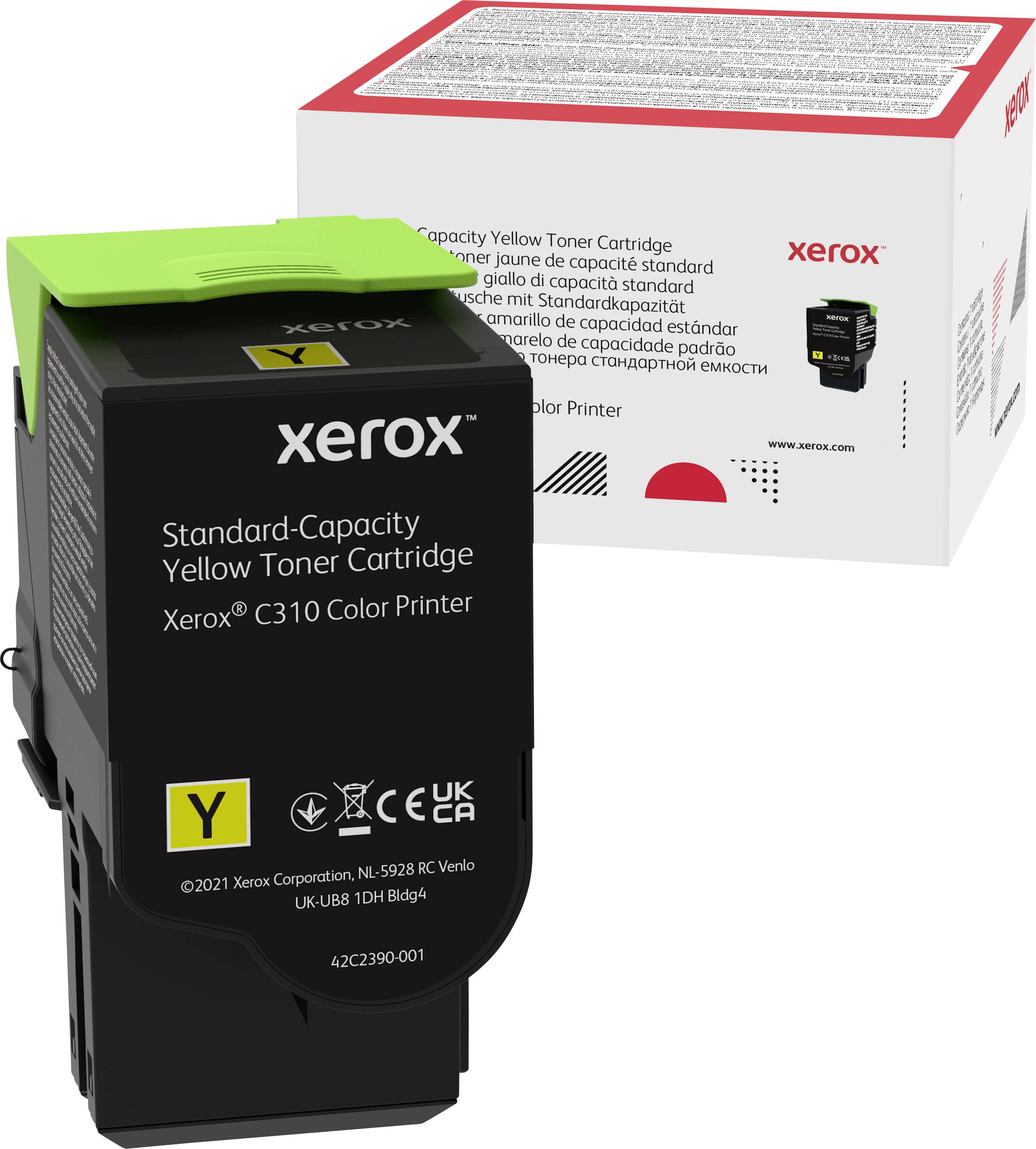 'Standaard capaciteit Gele Tonercartridge voor Xerox C310 kleurenprinter. Afgebeeld zijn de cartridge en bijbehorende verpakking van Xerox.'