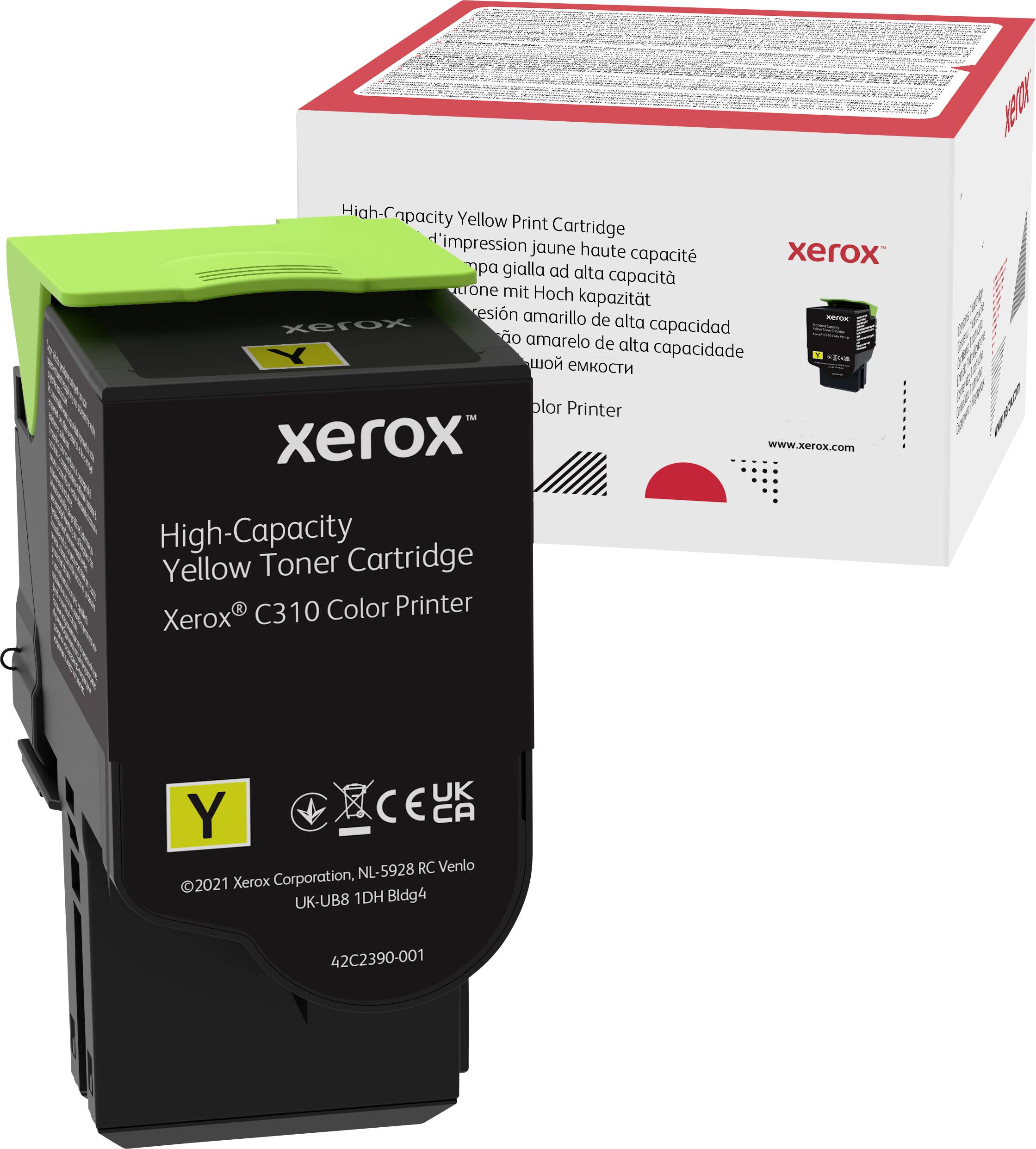 'Xerox high-capacity gele cartridge voor C310 kleurenprinter. Bevat een originele verpakking en een enkele cartridge.'