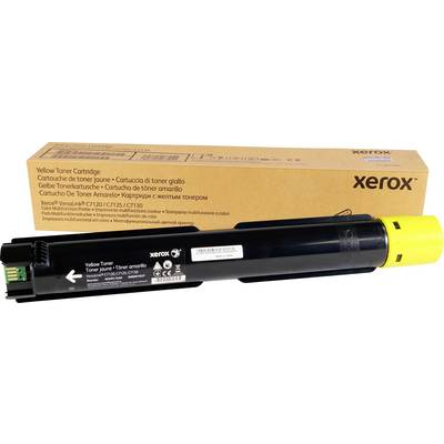 Gele tonercartridge van Xerox, model VersaLink C7130/C7125. Verpakking en product zichtbaar, geschikt voor multifunctionele printer.