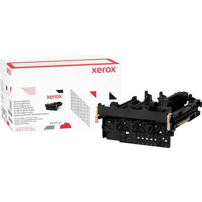 Een zwarte beeldtrommel voor Xerox, afgebeeld met de bijbehorende verpakking, toont een reserveonderdeel voor printers.
