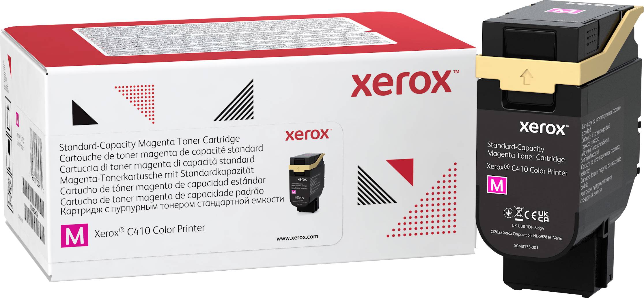 Xerox standaard capaciteit Magenta tonercartridge naast verpakking, geschikt voor C410 kleurenprinter, productafbeelding met merkdetails.